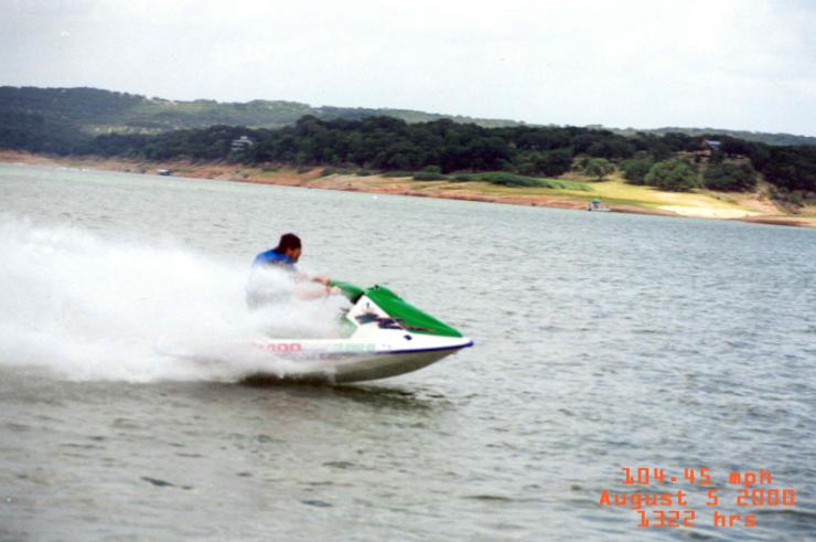 Setting speed record [104.45mph] at Lake Austin, Texas - August 2000 - photograph by Russell Holder