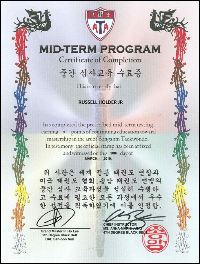 27MAR19 ATA TKD Recommended Black Belt certificate